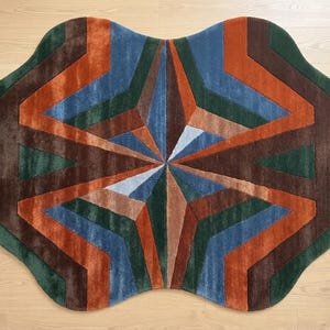 Modern Abstract Geometric Area Rug – 3D Optical Illusion Radial Pattern Carpet with Rust Orange, Forest Green, Brown, Blue & Beige Design