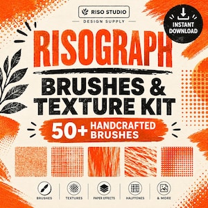 Op de afbeelding: Een digitale designkit getiteld Riso Studio Risograph Brushes & Texture Kit met oranje en zwarte tekst, een zwarte bladgrafiek en vijf oranje getextureerde voorbeeldvierkanten met iconen voor penselen, texturen, papiereffecten en halftonen.