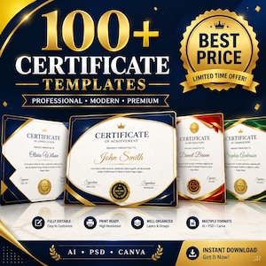May include: A digital collection of 100+ certificate templates featuring gold and navy blue designs. The graphic displays various certificate layouts with text including Certificate of Achievement, Appreciation, Recognition, and Completion.