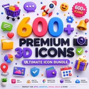 Puede incluir: Un gráfico digital con el texto 600+ PREMIUM 3D ICONS ULTIMATE ICON BUNDLE rodeado de varios iconos 3D coloridos, incluyendo un carrito de compras, cohete, cámara, caja de regalo, calendario y burbujas de diálogo sobre un fondo blanco.