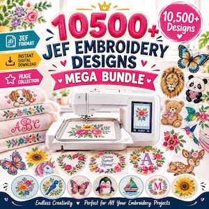 Może przedstawiać: Biała hafciarka Brother z cyfrowym ekranem wyświetlającym wzór kwiatowy. Obraz zawiera tekst 10500+ JEF EMBROIDERY DESIGNS MEGA BUNDLE oraz różne wyhaftowane motywy, takie jak zwierzęta, kwiaty i litery.