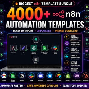 May include: A digital graphic displaying a laptop screen with an n8n workflow diagram. The text reads BIGGEST n8n TEMPLATE BUNDLE 4000+ n8n AUTOMATION TEMPLATES. Surrounding icons represent various software integrations like Gmail, Google Sheets, and Shopify.