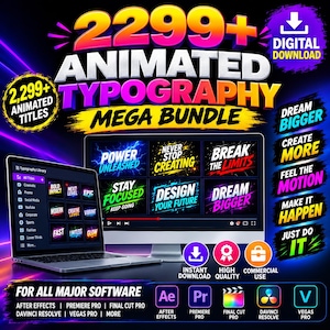 Puede incluir: Un paquete de descarga digital con más de 2299 títulos de tipografía animada. La imagen muestra una computadora portátil y un monitor con efectos de texto, junto con etiquetas de compatibilidad para software como After Effects y Premiere Pro.