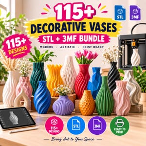 Può includere: Un pacchetto digitale di oltre 115 design di vasi decorativi in formati file STL e 3MF. L'immagine mostra vari vasi stampati in 3D in colori tra cui bianco, rosa, giallo, blu, verde, arancione e nero, alcuni contenenti fiori o piante.