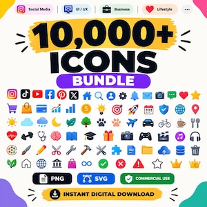 May include: A digital graphic bundle featuring the text 10,000+ ICONS BUNDLE, displaying a wide variety of colourful, flat-style icons for social media, business, and lifestyle, including PNG and SVG file formats available for instant download.