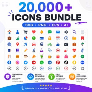 Può includere: Un pacchetto digitale di oltre 20.000 icone nei formati SVG, PNG, EPS e AI. La grafica mostra una griglia di icone colorate in stile piatto che rappresentano varie categorie come social media, commercio e salute.