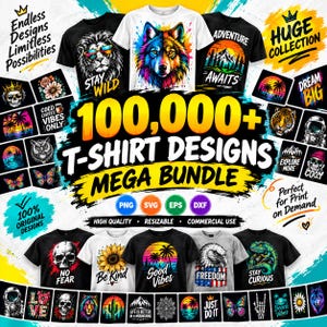 Op de afbeelding: Een digitale collectie van meer dan 100.000 t-shirtontwerpen met diverse grafische prints, waaronder een wolf, leeuw, schedel, adelaar en natuurtaferelen. De bundel bevat PNG-, SVG-, EPS- en DXF-bestandsformaten voor print-on-demand.