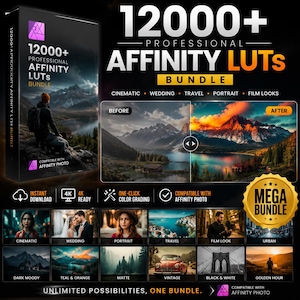May include: A digital product bundle featuring 12000+ professional Affinity LUTs for photo editing. The display includes a before and after landscape comparison, various style categories like cinematic, wedding, and travel, and a gold mega bundle seal.