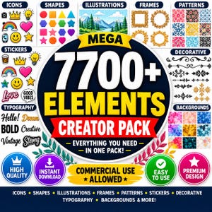 Op de afbeelding: Een digitaal ontwerppakket genaamd Mega 7700+ Elements Creator Pack met een grote centrale donkerblauwe cirkel met dikke witte en gele tekst. Het omliggende gebied toont diverse grafische middelen, waaronder iconen, vormen, illustraties, kaders, patronen, stickers, typografie, decoratieve verdelers en achtergronden.