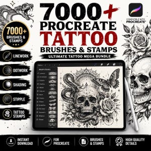 May include: A digital tablet displaying a Procreate interface with a brush library menu and a detailed black and white illustration of a skull, snake, butterfly, and rose. The text reads 7000+ Procreate Tattoo Brushes & Stamps.