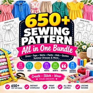 May include: A digital sewing pattern bundle featuring 650+ designs for dresses, tops, skirts, trousers, and kids' clothing. The graphic includes text labels, icons for garment categories, a yellow measuring tape, scissors, and spools of thread.