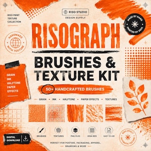 May include: A digital design resource kit titled Risograph Brushes & Texture Kit featuring orange and black text on a textured paper background. It includes 50+ handcrafted brushes, grain, ink, halftone, and paper effects with icons for files.