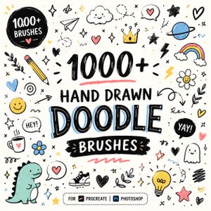 May include: A digital collection of 1000+ hand drawn doodle brushes for Procreate and Photoshop. The graphic features black text reading 1000+ HAND DRAWN DOODLE BRUSHES surrounded by colorful illustrations of a dinosaur, pencil, lightbulb, and rainbow.