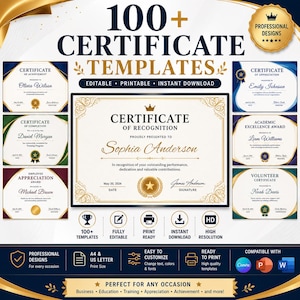 May include: A collection of 100+ certificate templates featuring various designs with gold, blue, green, and maroon accents. The central template displays the text Certificate of Recognition, Sophia Anderson, and May 20, 2024, with ornate borders.