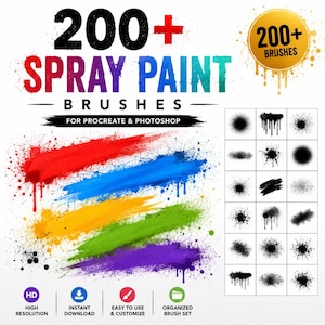 Könnte beinhalten: Eine digitale Sammlung von über 200 Sprühfarben-Pinseln für Procreate und Photoshop. Die Grafik zeigt fetten Text, ein goldenes kreisförmiges Abzeichen und fünf horizontale Farbstreifen in Rot, Blau, Gelb, Grün und Violett sowie ein Raster.