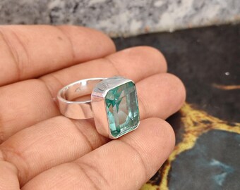 925 Sterling Silver Aquamarine Gemstone Ring | Rectangular Teal Stone Ring | Handmade Silver Statement Ring | Adjustable Open Band