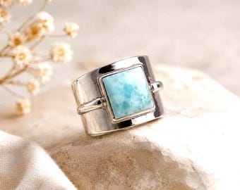 Larimar Gemstone Square Ring, 925 Sterling Silver Ring, Handmade Boho Statement Ring, Blue Gemstone Jewelry, Vintage Inspired Ring