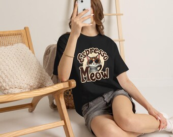 Koszulka z nadrukiem Retro Espresso Meow Cat Coffee, okulary przeciwsłoneczne z grafiką Cat