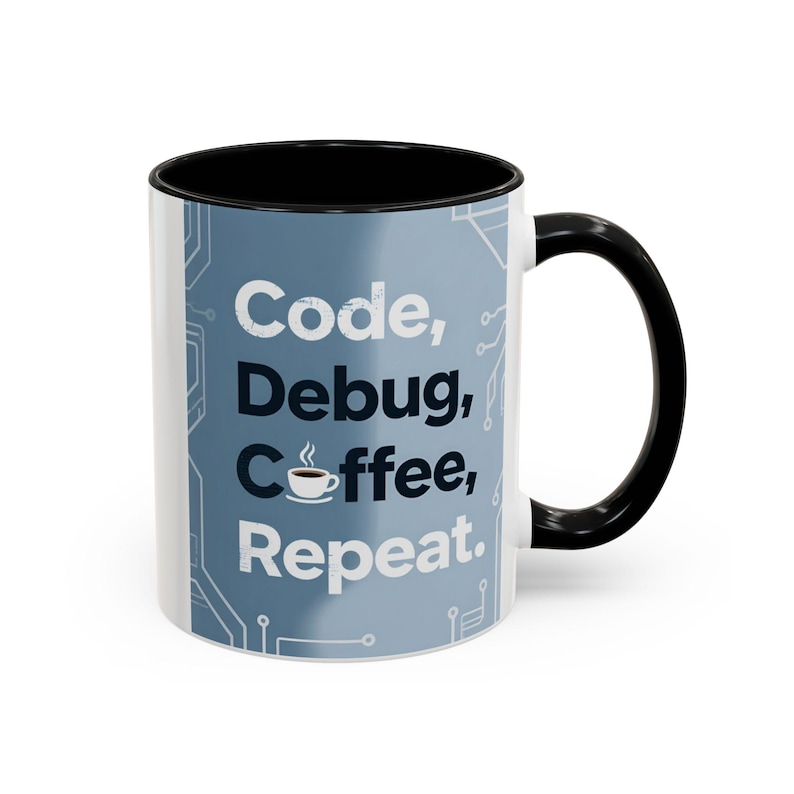 Code Debug Coffee Repeat Mug, Programmer Tech Office Humor Cup image 1