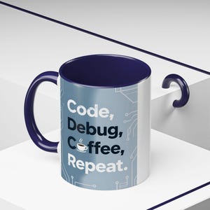 Code Debug Coffee Repeat Mug, Programmer Tech Office Humor Cup image 2