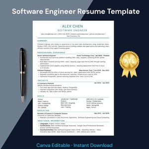 Plantilla de currículum de ingeniero de software en Canva / Currículum técnico compatible con ATS / CV de desarrollador / Descarga instantánea / Currículum de Python y React 2026