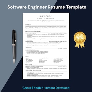 Op de afbeelding: Een cv-sjabloon voor software engineers met een zwart-wit document met secties voor samenvatting, werkervaring, projecten, vaardigheden en opleiding. Een zwarte pen staat aan de linkerkant en een gouden ATS-badge aan de rechterkant.