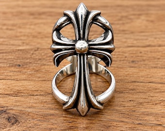 Gothic Cross Ring, Polished Silver-Tone, Statement Jewelry (Unisex)