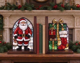 Weihnachts-Buchstützen aus Glas, Weihnachtsmann-Buchregaldekoration, Weihnachtsstrumpf-Buchstützen, Festliche Wohndekoration, Weihnachtsgeschenk