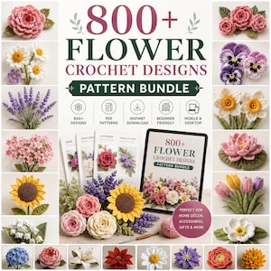 Puede incluir: Un paquete de patrones digitales con más de 800 diseños de flores a crochet. La imagen muestra una tableta y guías impresas con diversas flores tejidas como rosas, girasoles, lavanda y tulipanes, junto a iconos de PDF y descarga.