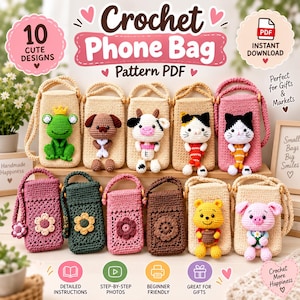 Può includere: Una collezione di dieci borse per telefono all'uncinetto con vari disegni di animali e fiori, tra cui una rana, un cane, una mucca, un gatto, un orso e un maiale. L'immagine mostra il testo Crochet Phone Bag Pattern PDF e 10 Cute Designs.