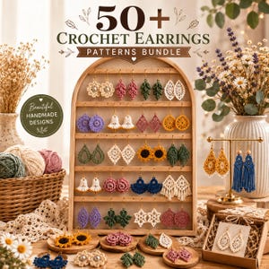 May include: A collection of crochet earrings displayed on a wooden arched stand and wooden trays. The earrings feature various shapes, including flowers, leaves, diamonds, and tassels in colors like white, pink, green, blue, and yellow. Text reads 50+ Crochet Earrings Patterns Bundle.