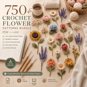 May include: A 750+ crochet flower patterns bundle PDF featuring a notebook, three crochet hooks, and various crocheted flowers in shades of yellow, pink, blue, and purple, alongside yarn balls in a basket and a mug on a coaster.
