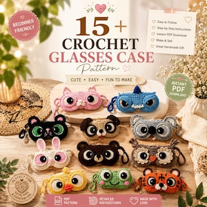 May include: A collection of 15+ crochet glasses case patterns featuring various animal designs including a pink cat, blue shark, black cat, pug, koala, white rabbit, brown bear, owl, yellow chick, green frog, and tiger, all with detailed instructions.