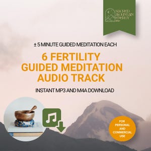 Könnte beinhalten: Ein digitales Produktangebot für 6 geführte Meditations-Audiospuren zur Fruchtbarkeit, jeweils ca. 5 Minuten lang. Die Grafik zeigt den Text Sacred Mountain Energy, sofortigen MP3- und M4A-Download sowie eine Klangschale auf einem Bücherstapel.