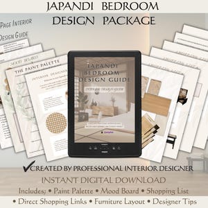 May include: A digital Japandi bedroom design package displayed on a tablet screen, surrounded by multiple printed pages of the 12-page interior design guide. The documents include a paint palette, mood board, furniture layout, and shopping lists.