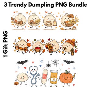 May include: A digital graphic bundle titled 3 Trendy Dumpling PNG Bundle and 1 Gift PNG featuring cartoon dumplings with faces. The illustrations include autumn themes like acorns, mushrooms, owls, lanterns, pumpkins, sunflowers, and medical items.