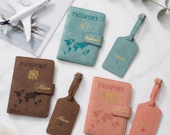 Personalized Passport Cover & Luggage Tag Set, Custom Travel Wallet, Couples Honeymoon Anniversary Gift, Bridesmaid Proposal Wedding Set