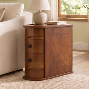 May include: A narrow, oval-shaped wooden end table with two stacked drawers featuring dark round knobs. The table has a smooth, medium-brown finish and a flat side panel with a subtle geometric inlay pattern, positioned next to a beige sofa.
