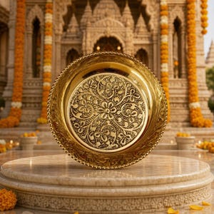 May include: A circular gold-toned metal plate featuring a polished rim and a central recessed area decorated with an intricate, embossed floral pattern. The plate has a beaded edge detail and a reflective, metallic finish throughout its surface.