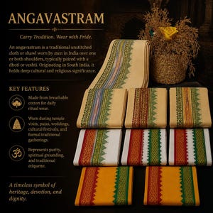 Op de afbeelding: Een collectie gevouwen ongestikte stoffen sjaals genaamd Angavastram, in diverse kleuren waaronder crème, wit en geel met decoratieve randen in groene, rode en gouden patronen, weergegeven naast tekst die het product beschrijft.