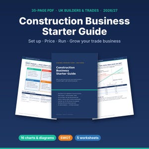 May include: A 35-page PDF Construction Business Starter Guide for 2026/27, featuring a dark blue cover with white text, alongside two open pages displaying a SWOT analysis chart and a break-even graph for UK builders and trade businesses.