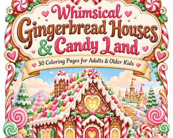 May include: A colouring book cover titled Whimsical Gingerbread Houses & Candy Land, featuring 30 Colouring Pages for Adults & Older Kids. The illustration shows a gingerbread house with candy decorations, lollipops, and a cookie path.