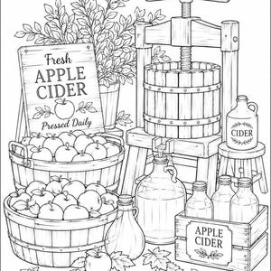 Peut inclure: Une illustration en noir et blanc au trait repr&eacute;sentant un pressoir &agrave; pommes en bois, deux paniers remplis de pommes et des cruches en verre de cidre. Un panneau indique Fresh APPLE CIDER Pressed Daily et une caisse en bois porte l'inscription APPLE CIDER.