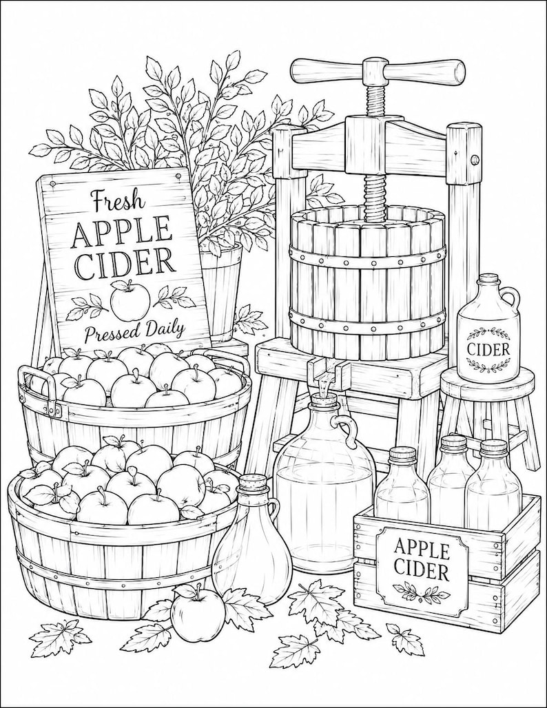 Peut inclure: Une illustration en noir et blanc au trait repr&eacute;sentant un pressoir &agrave; pommes en bois, deux paniers remplis de pommes et des cruches en verre de cidre. Un panneau indique Fresh APPLE CIDER Pressed Daily et une caisse en bois porte l'inscription APPLE CIDER.