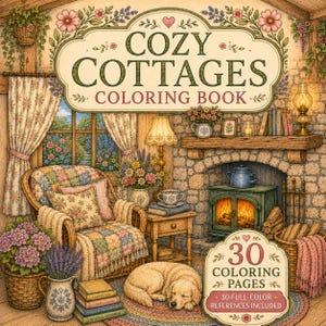 May include: A coloring book titled Cozy Cottages featuring an illustration of a living room with a wicker chair, a fireplace with a fire, a sleeping dog, a stack of books, and floral decor. The cover text indicates 30 coloring pages included.