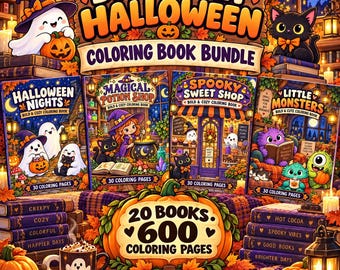 May include: A digital colouring book bundle titled Bold & Cozy Halloween featuring four books: Halloween Nights, Magical Potion Shop, Spooky Sweet Shop, and Little Monsters. The set includes 20 books and 600 colouring pages, with illustrations of ghosts, black cats, and pumpkins.