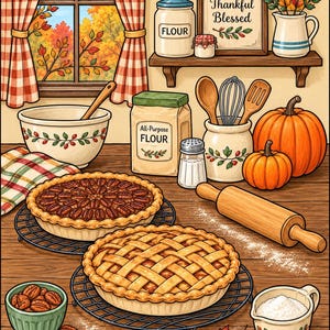Peut inclure: Une illustration d'un comptoir de cuisine avec deux tartes sur des grilles, un rouleau &agrave; p&acirc;tisserie, des sacs de farine, des citrouilles et un bol de noix de p&eacute;can. Une &eacute;tag&egrave;re au-dessus contient un bocal marqu&eacute; FLOUR, un petit bocal et un pichet.
