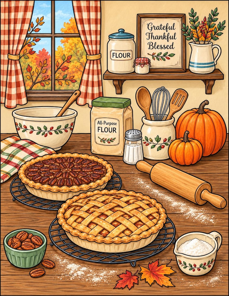Peut inclure: Une illustration d'un comptoir de cuisine avec deux tartes sur des grilles, un rouleau &agrave; p&acirc;tisserie, des sacs de farine, des citrouilles et un bol de noix de p&eacute;can. Une &eacute;tag&egrave;re au-dessus contient un bocal marqu&eacute; FLOUR, un petit bocal et un pichet.