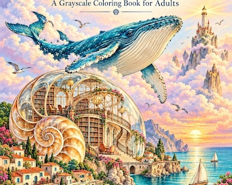 May include: A colouring book titled Surreal Ocean Dreams A Grayscale Colouring Book for Adults with 50 Dreamlike Ocean Scenes by BrightBloomStudioX. The cover features a large blue whale flying over a seashell-shaped glass library by the sea.