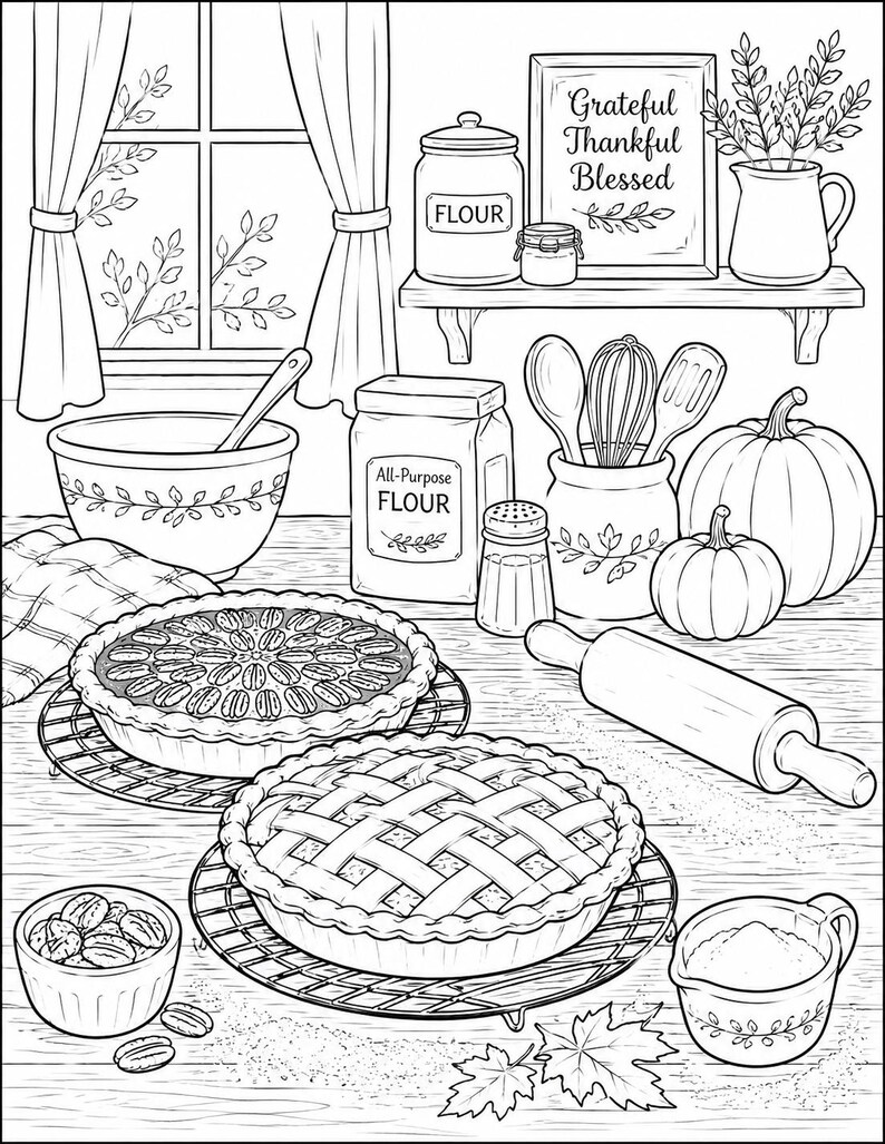 Peut inclure: Une illustration en noir et blanc de coloriage repr&eacute;sentant une sc&egrave;ne de cuisine avec deux tartes sur des grilles de refroidissement, un rouleau &agrave; p&acirc;tisserie, un bol de noix de p&eacute;can, un sac de farine, un bocal marqu&eacute; Flour et un panneau Grateful Thankful Blessed.